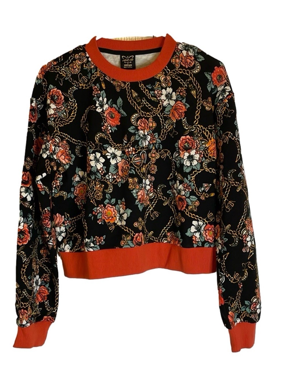 LAILA ALI  Pullover Sweatshirt, Women’s M, Orange Black Floral